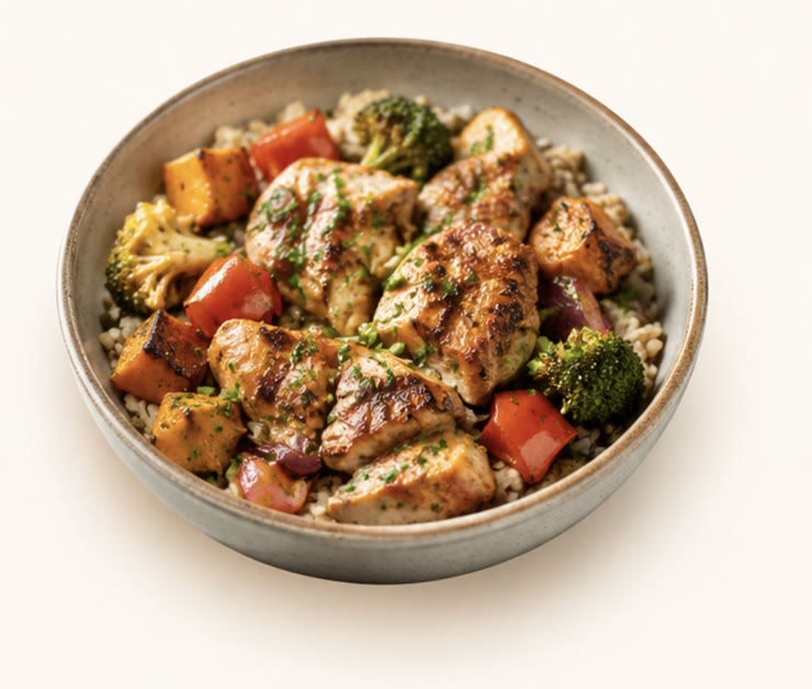 A home cooked chicken and basil bowl