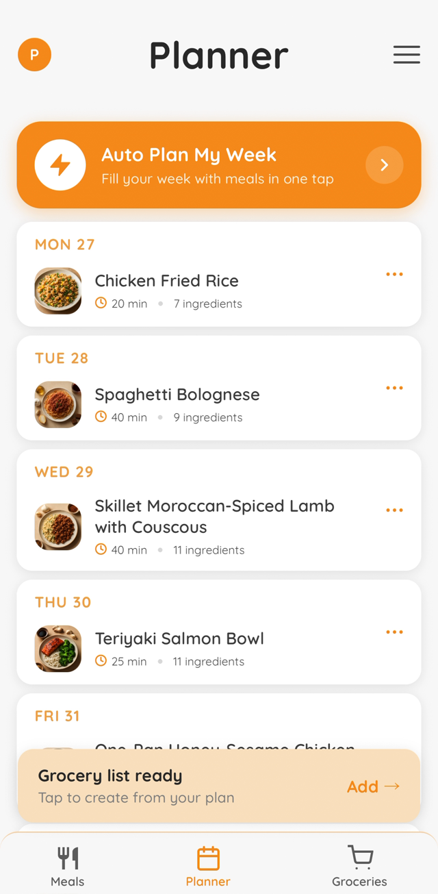 Prepiva weekly meal planner